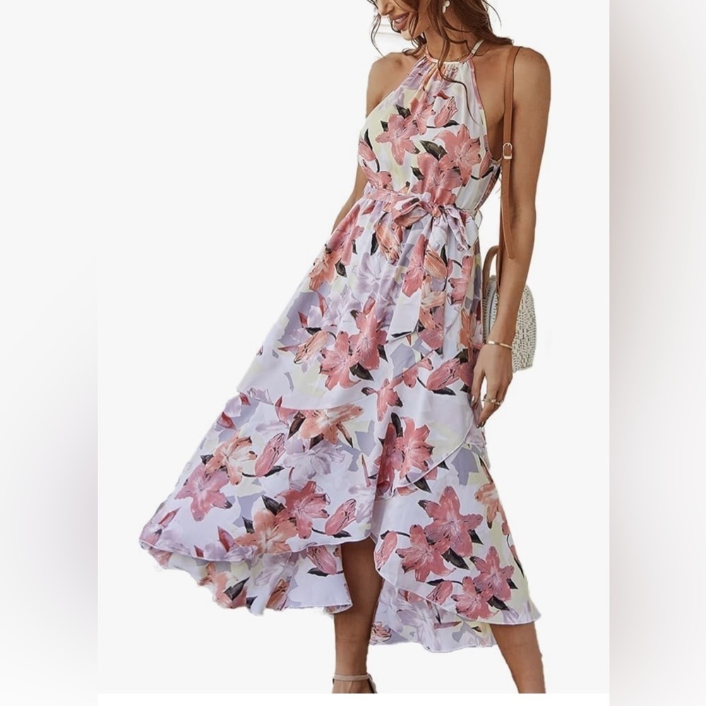 NWT Brovave Summer Boho Midi Sundress Size M Halter Pink Floral Tie Waist Flowy